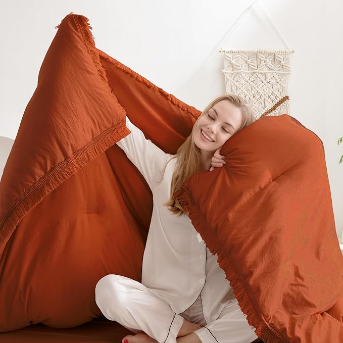 Andency Twin Comforter Set Burnt Orange, 2 Pieces Terracotta Boho Tassel Kids Comforter Sets for Boys Girls Teens, All Season Rust Soft Bed Set (66x90In Comforter & 1 Pillowcase)