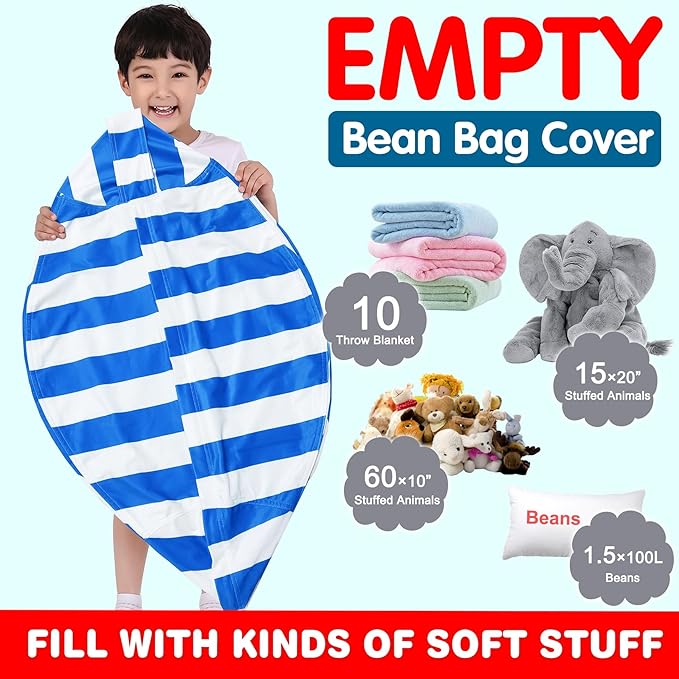 Lukeight Stuffed Animal Storage Bean Bag Chair Cover for Kids, Zipper Beanbag Chair Cover for Organizing Toddler & Kids' Rooms Plush Toys (Blue+White Velvet, Large)