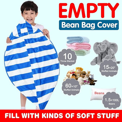 Lukeight Stuffed Animal Storage Bean Bag Chair Cover for Kids, Zipper Beanbag Chair Cover for Organizing Toddler & Kids' Rooms Plush Toys (Blue+White Velvet, Large)