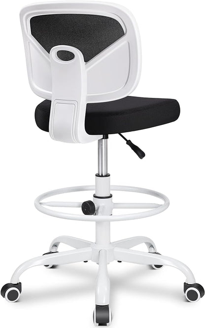Primy Office Drafting Chair Armless, Tall Office Desk Chair Adjustable Height and Footring, Mid-back Ergonomic Standing Desk Chair Mesh Rolling Tall Chair for Art Room, Office or Home(White)
