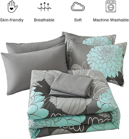 Yiran 7 Pieces Bed in a Bag Floral Comforter Set Green Flowers Bedding Set Soft Microfiber King Comforter Sets with 1 Comforter 1 Flat Sheet 1 Fitted Sheet 2 Pillowshams and 2 Pillowcases