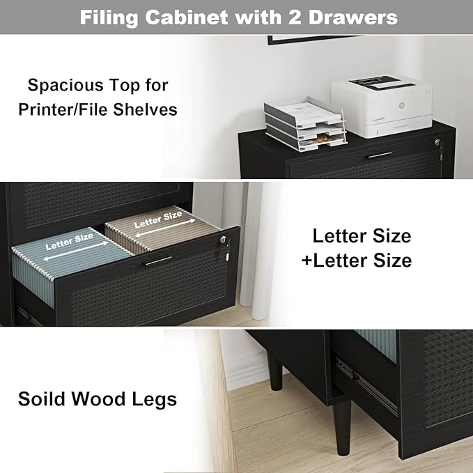2 Drawer File Cabinet, Lateral File Cabinet with Lock, Rattan Wood Filing Organization Cabinet for Home Office, Black