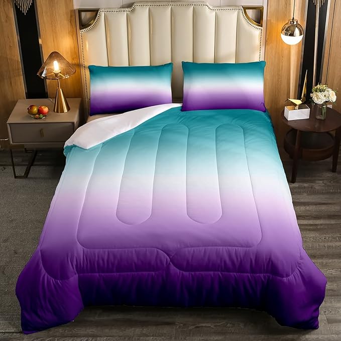 Erosebridal Ombre Comforter Set Green Purple Teal Bedding Set Queen Size Colorful Gradient Down Comforter Modern Abstract Quilt Duvet Insert Soft Warm Lightweight 1Comforter with 2 Pillow Cases