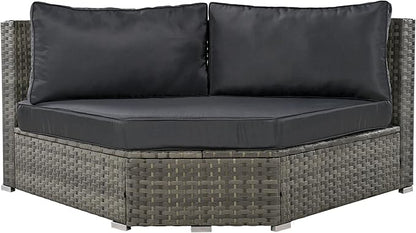 Patio 7-Piece Set, Half-Moon Curved Sectional Sofa Outdoor Rattan Furniture with Ottoman and No-Slip Cushions for Balcony, Porch, Garden, Zc-Grey