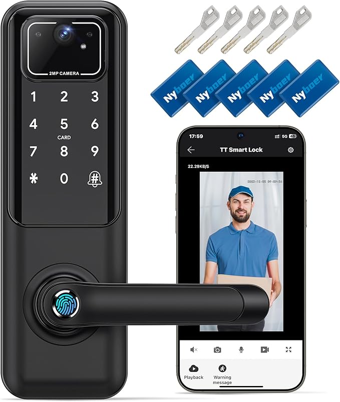 WiFi Video Smart Door Lock: Fingerprint Door Lock with Camera- Keyless Entry Door Lock with Handle - Electronic Digital Door Lock with Keypad - WiFi Smart Lock for Front Door, Black, H3 Pro