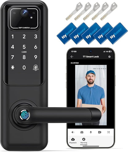 WiFi Video Smart Door Lock: Fingerprint Door Lock with Camera- Keyless Entry Door Lock with Handle - Electronic Digital Door Lock with Keypad - WiFi Smart Lock for Front Door, Black, H3 Pro