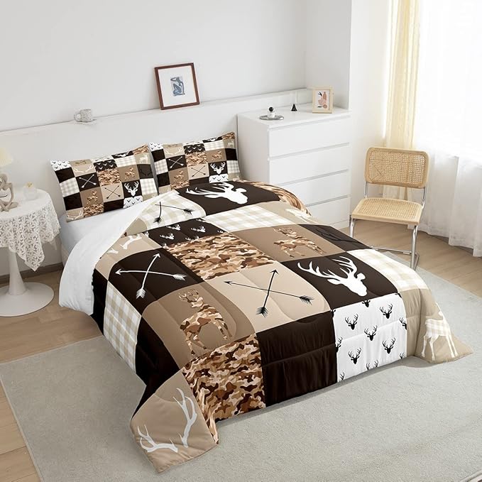Antler Silhouette Kids Comforter Set Queen Size,Camo Brown Rustic Bedding Set,Girls Boys Adults Bedroom/Xmas Decor,Geometric Plaid Patchwork Down Comforter,Arrows Boho Duvet Insert,3pcs,2 Pillowcases