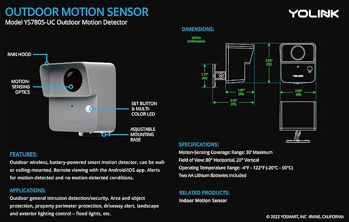 YoLink LoRa Smart Outdoor Motion Sensor, Driveway Alert, Property Invasion/Tresspassing Detector, 1/4 Mile Open Air Range, Email/SMS/Push Alerts, Alexa, IFTTT, Home Assistant (Hub Included!)