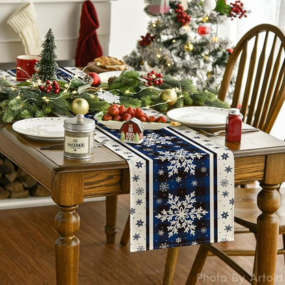 Artoid Mode Buffalo Plaid Snowflakes Blue Christmas Table Runner, Seasonal Winter Kitchen Dining Table Decoration for Home Party Decor 13x48 Inch