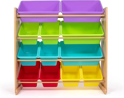 Humble Crew Kids Toy Storage Organizer with 12 Storage Bins, Rainbow/Natural Wood