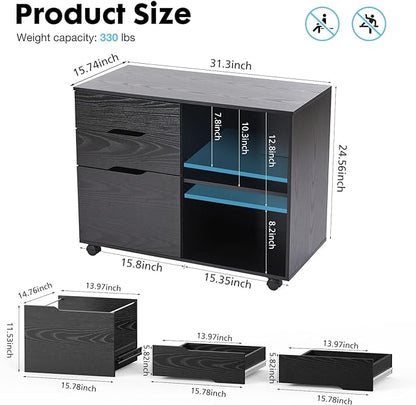 Sweetcrispy 3-Drawer File Cabinet, Lateral Mobile Filing Cabinet Wood Storage Organizer with Wheels, Printer Stand & Open Shelves for Home Office Under Desk Organization - Black