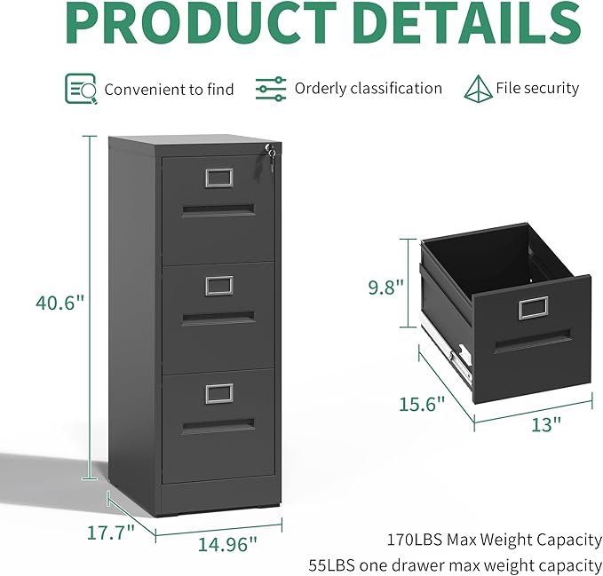 3 Drawer File Cabinet,Metal Filing Cabinets with Lock,Black Vertical File Cabinet for Home Office,Heavy Duty Metal Storage Cabinet for A4/Letter/Legal Size File,Assembly Required