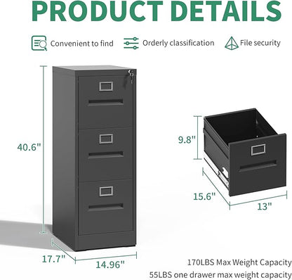 3 Drawer File Cabinet,Metal Filing Cabinets with Lock,Black Vertical File Cabinet for Home Office,Heavy Duty Metal Storage Cabinet for A4/Letter/Legal Size File,Assembly Required