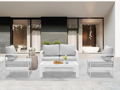 Wisteria Lane Outdoor Patio Furniture Set, 4 Pieces Aluminum Sectional Sofa, Metal Patio Conversation Set with Loveseat, 5 Inch Light Grey Cushion and Coffee Table (White & Light Grey)