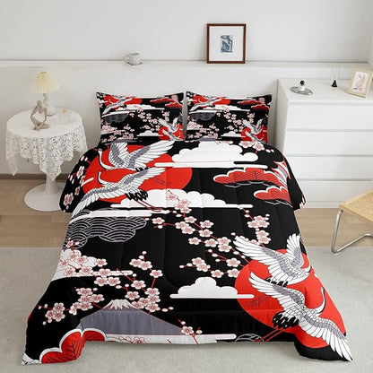 Japanese-Style Comforter Set Twin Size Crane Printed Cherry Blossoms Decor Down Comforter, for Adult Women Girls Teens Japanese Traditional Pattern Quilted Duvet Ukiyoe Theme Bedding Comforters
