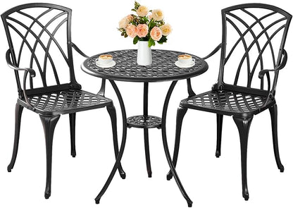 Outdoor 3 Piece Bistro Set Cast Aluminum Bistro Table and Chairs Set of 2, All Weather Bistro Patio Set, Patio Furniture for Garden Black