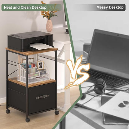 VECELO File Cabinet, Rolling Printer Stand with Large Fabric Drawer, Storage Cabinet Fits Letter Size, Ideal for Small Spaces, Apartments and Bedroom, Easy to Install, Brown+Black,2 Set