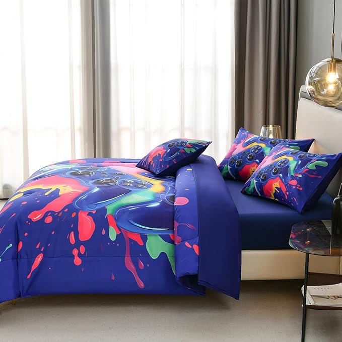 Gamer Comforter Set for Boys Kids, 6 Pcs Bed in a Bag Game Controller Boys Bediing Set Twin Size for All Season