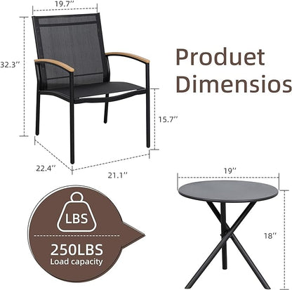 Shintenchi 3 Pieces Outdoor Patio Bistro Sets, Textilene Fabric Small Patio Furniture Set, Front Porch Chairs Conversation Set with Table for Lawn, Garden, Balcony, Poolside (Black)