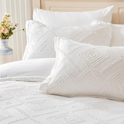 EMME King Comforter Set - 7 Pcs White Boho Comforter Set, Tufted King Size Bedding Sets with Sheets, Shabby Chic Embroidery Bed Set Fluffy Bed Bag for All Season(102"X90")