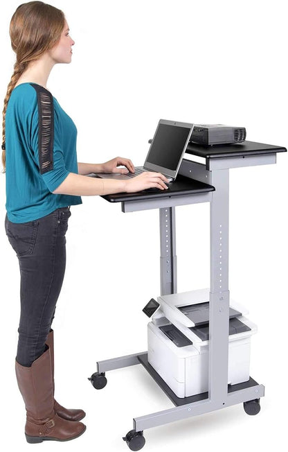 Stand Up Desk Store Rolling Adjustable Height Two Tier Standing Desk Computer Workstation (Silver Frame/Black Top, 24" Wide)