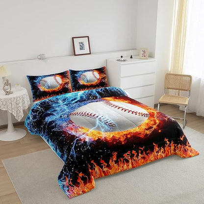 Erosebridal Baseball Comforter Set King Size Sports Theme Bedding Kids Teens Boys Fire and Ice Sports Baseball Quilted Duvet Decoration 3 Pcs Bedding Comforters Red Blue with 2 Pillowcases