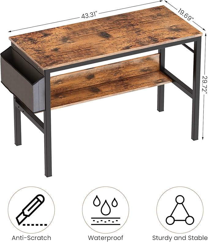 DKLGG Small Computer Desk Study Table, 43 Inch Home Office Laptop Table for Small Spaces, Modern Work Writing Table with Storage Bag & Headphone Hook, Rustic Brown
