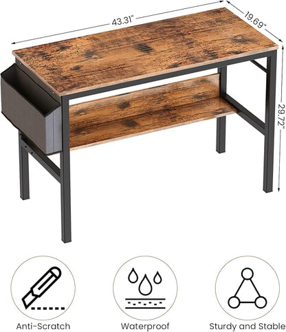 DKLGG Small Computer Desk Study Table, 43 Inch Home Office Laptop Table for Small Spaces, Modern Work Writing Table with Storage Bag & Headphone Hook, Rustic Brown