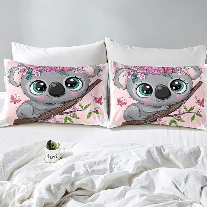Erosebridal Cartoon Koala Comforter Set Queen Size, Cute Koala Bedding Set, Cherry Blossom Rose Quilted Duvet for Kids Baby Toddler, Nursery Quilt Set, Butterfly Branch Leaves Duvet Set