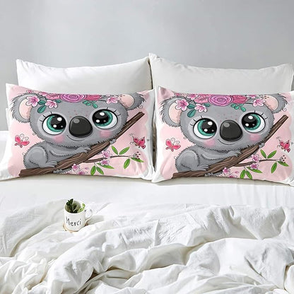 Erosebridal Cartoon Koala Comforter Set Queen Size, Cute Koala Bedding Set, Cherry Blossom Rose Quilted Duvet for Kids Baby Toddler, Nursery Quilt Set, Butterfly Branch Leaves Duvet Set