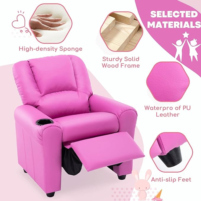 JC HOME CANDY Kids Chair Leather Recliner Sofa Toddler Youth Children Child Ages 3-7, Blush Pink