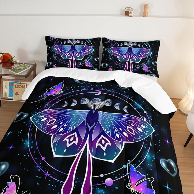 HOSIMA Butterfly Comforter Set with 2 Pillowcases,Moon Starry Sky Galaxy Comforter Butterfly Room Decor Aesthetics,Blue Heart -Shaped Bubble King Size Comforter Set for Adults Kids Black Comforter.