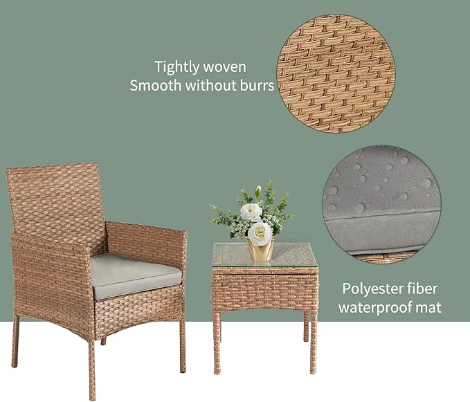 3 Pieces Patio Set Balcony Furniture Sets for Apartments.Bistro Furniture Set, Conversation Sets with Coffee Table, for Porch, Patio, Garden and Removable Cushions Grey