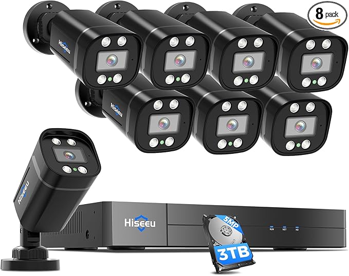 [3TB HDD] Hiseeu 3K 8ch Wired Security Camera System with Vehicle/Human Detection Home CCTV Camera System w/8pcs Security Cameras 5MP H.265+ DVR Outdoor&Indoor,Remote Access,Night Vision,24/7 Record