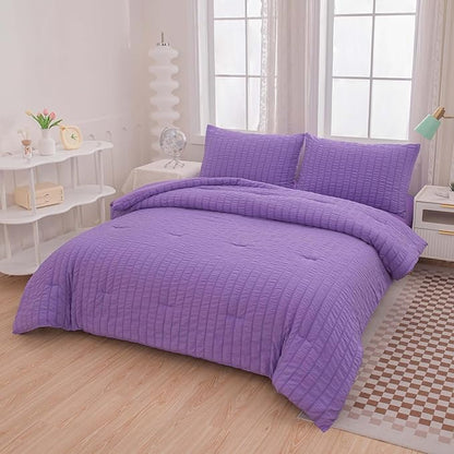 King Bed in a Bag Purple Seersucker Comforter Set 3-Pieces Microfiber Lightweight Comforter All Season Bedding Sets with 2 Pillowcases……