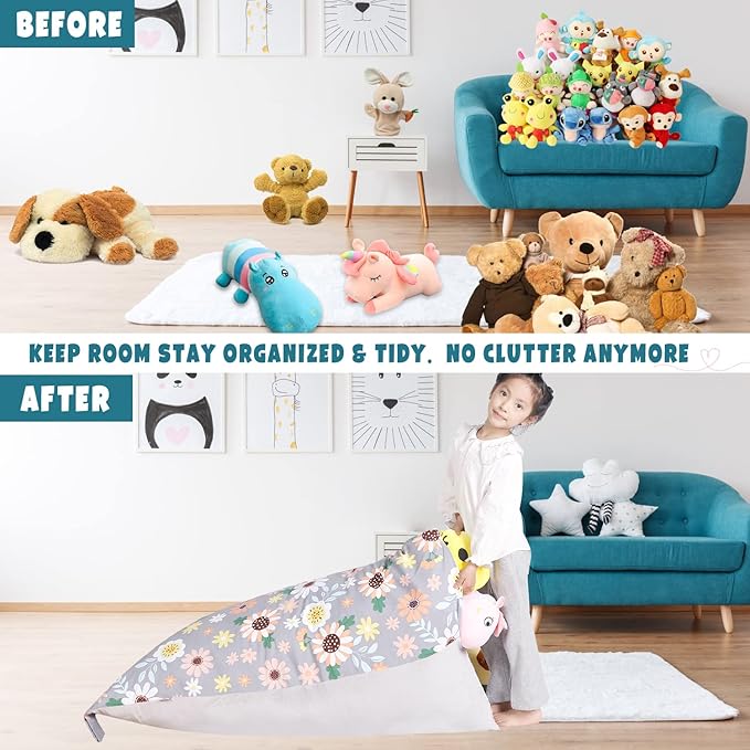 Stuffed Animal Storage Bean Bag Chair Cover, Velvet Canvas Gray Sunflower Plush Toy Storage Stuff and Sit Seat for Kids/Teens/Adults, 52" x 31" Extra Large Sofa, 200L/52Gal, Cover Only