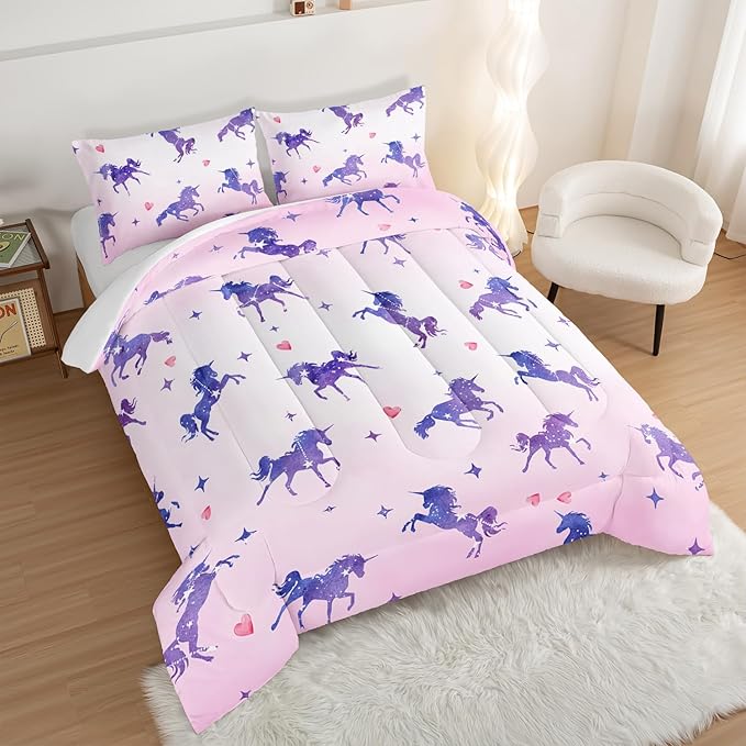 HOSIMA Kawaii Unicorn Comforter,Purple Unicorn with Stars and Love Heart Princess Toddler Bedding Set-Soft Microfiber King Size Comforter Set,Fairycore Room Decor Pink Comforter with 2 Pillowcases.