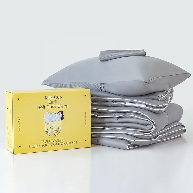 COTTEBED Ultra-Soft Comforter Set Queen/Full Size Bed, Jersey Knit T-Shirt Feeling Fluffy Cozy Comy Durable Lightweight Quilt Bedding Down Blanket & 2 Pillowcase for All Season Use, Dark Grey