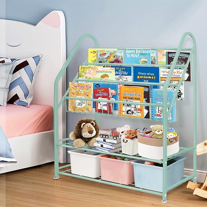 aboxoo Metal Kids Bookshelf Green Freestanding for Children Room 32 in Toy Organizer Book Unit Storage Large Green Stable Bookcase Bookstore Living Room Bed Room Library