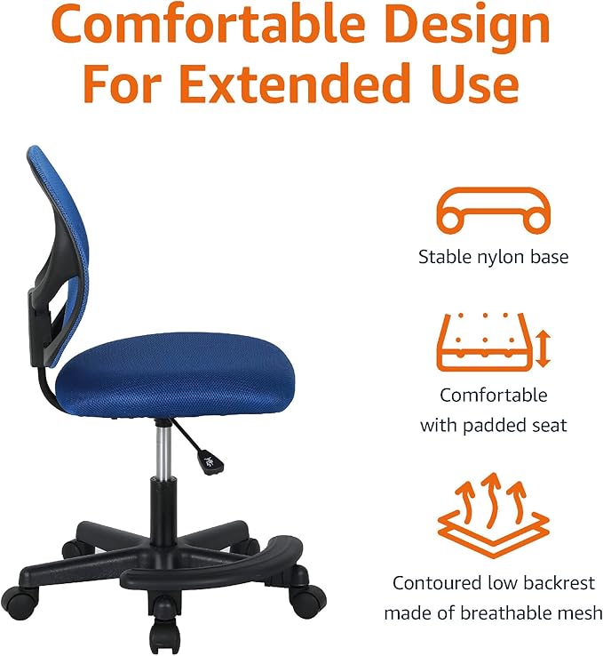 Amazon Basics Kids Adjustable Mesh Low-Back Swivel Study Desk Chair with Footrest, Blue