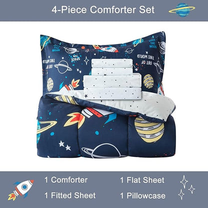 Planet Twin Comforter Set for Boys Girls 4-Piece Rocket Kids Bedding Sets Galaxy Space Stars Bedroom Decor - Include Reversible Comforter, Flat Sheet, Fitted Sheet and Pillowcase
