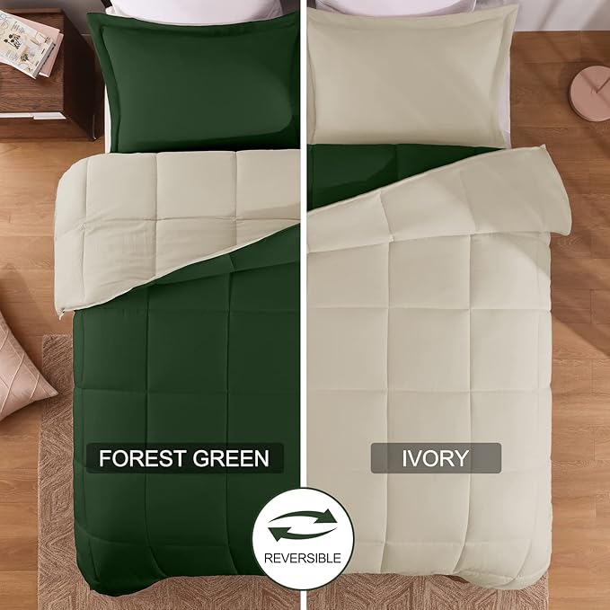 Basic Beyond Queen Comforter Set - Fluffy Comforter Queen Set for All Seasons - Reversible Forest Green Queen Comforter Set for Mens - 3 Pieces (1 Comforter + 2 Pillow Shams) - Forest Green/Ivory
