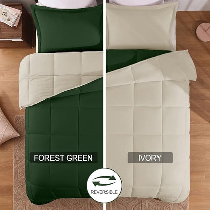 Basic Beyond Queen Comforter Set - Fluffy Comforter Queen Set for All Seasons - Reversible Forest Green Queen Comforter Set for Mens - 3 Pieces (1 Comforter + 2 Pillow Shams) - Forest Green/Ivory