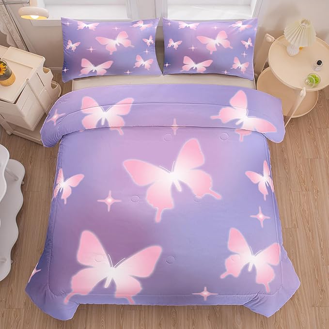 Tailor Shop Butterfly Comforter Sets Full Size,Purple Pink Butterfly Bedding Sets for Girls Kids Teens with 2 Pillowcase…