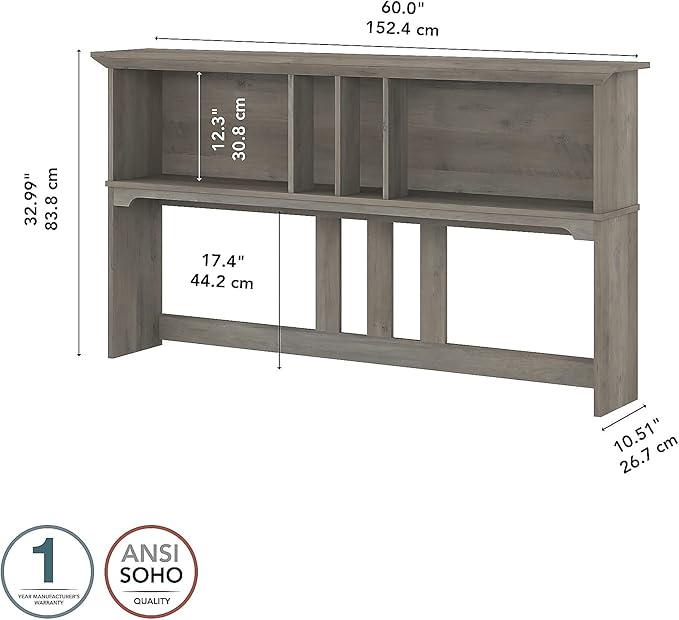 Bush Furniture Salinas Hutch, Desk Attachment with Shelf Storage for Home Office, 60W, Driftwood Gray