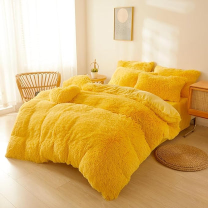 FOPPA Yellow Plush Fluffy Comforter Cover Set Queen - Ultra Soft Faux Fur Yellow Bedding Sets 3 Pieces (1 Shaggy Duvet Cover + 2 Pillow case) Fuzzy Bed Set (Yellow, Queen)