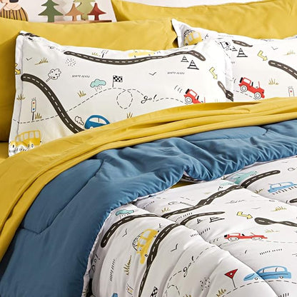 SLEEP ZONE Kids Twin Bedding Comforter Set - Super Cute & Soft Kids Bedding 5 Pieces Set with Comforter, Sheet, Pillowcase & Sham (Car Road)