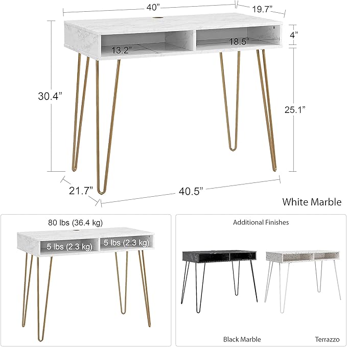 Novogratz Athena Computer Desk with Storage, White Marble
