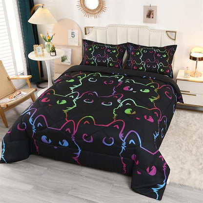 ENCOFT Kids Bedding Set Cat Comforter Set Full for Girls and Boys 3 Piece Cartoon Bed Set Black Comfortable and Breathable All Season for Teens and Adults Room Decor with 1 Comforter and 2 Pillowcases