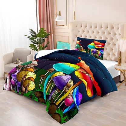 Mushroom Twin Comforter Set for Boys Cartoon Colorful Mushroom Bedding Set Night Sky Mushroom Comforter Set for Boys Bedroom All-Season Breathable Cute Mushroom Quilt with Pillowcase